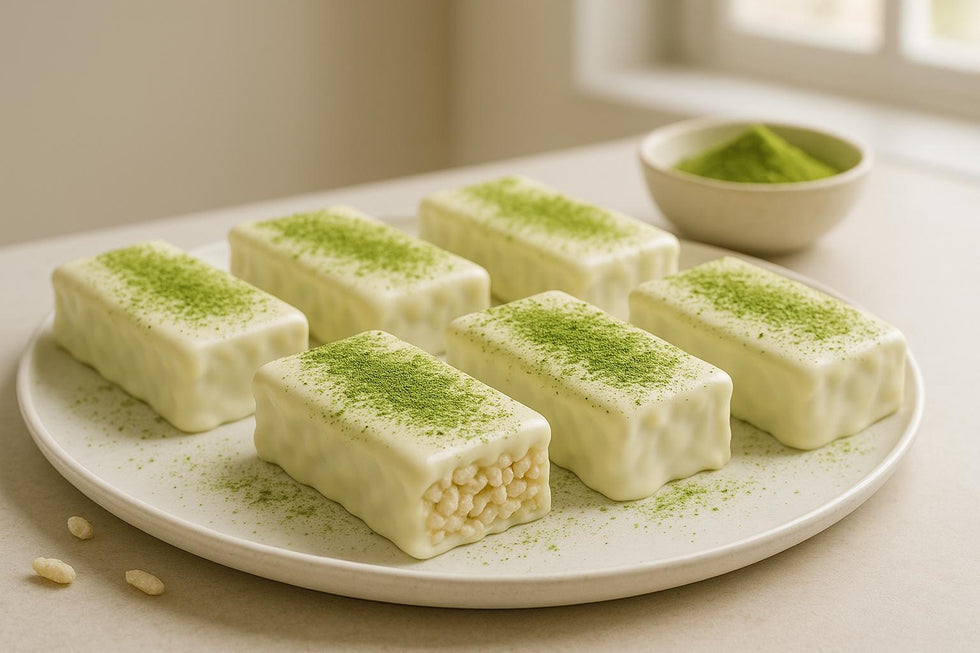 Barres croustillantes au riz soufflé, chocolat blanc et matcha