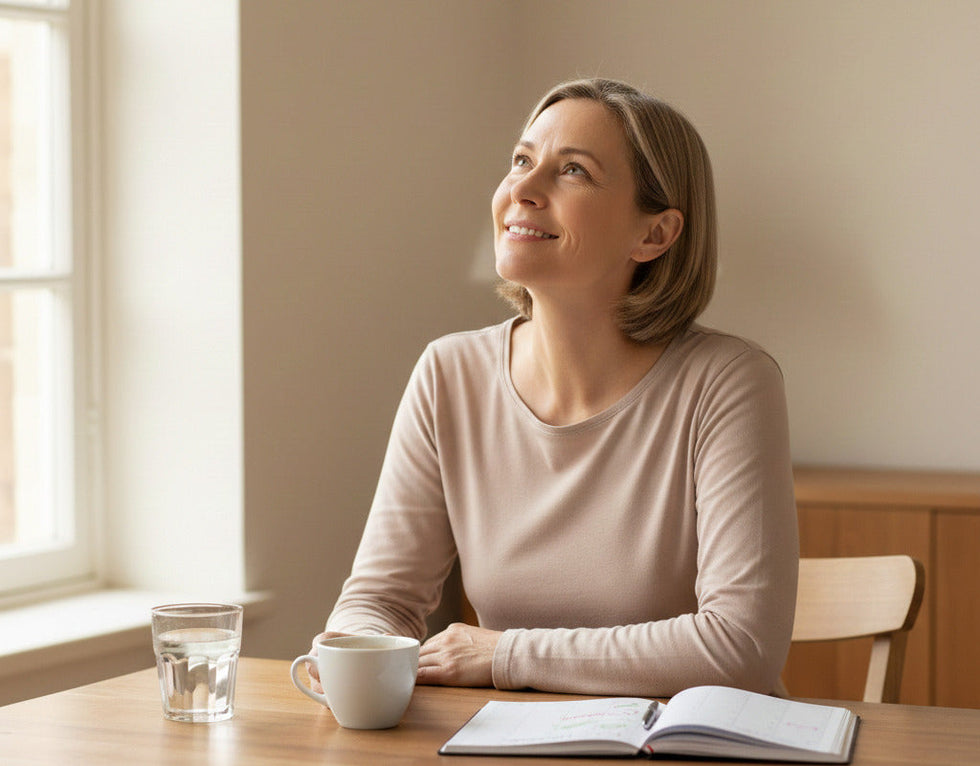 une consommatrice de café en cours de sevrage caféine et heureuse d'atteindre ses objectifs