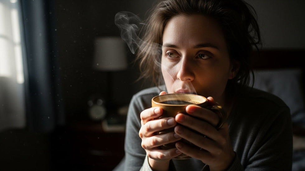Une personne au réveil, un peu "embrumée", tenant une tasse de café fumante à deux mains, avec une lumière matinale tamisée.