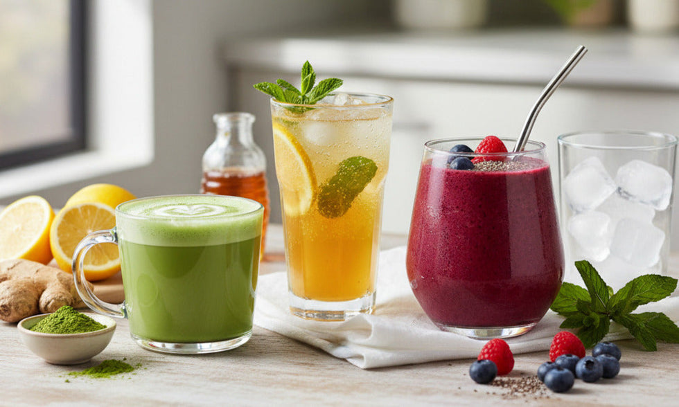 Différentes sortes de boissons énergisantes maison préparées dans sa cuisine