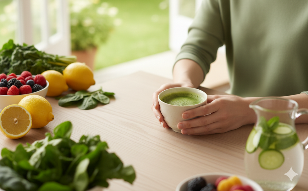 une personne a rassemblé les ingrédients saints pour une détox naturelle (légumes, fruits, boisson détox, matcha...)
