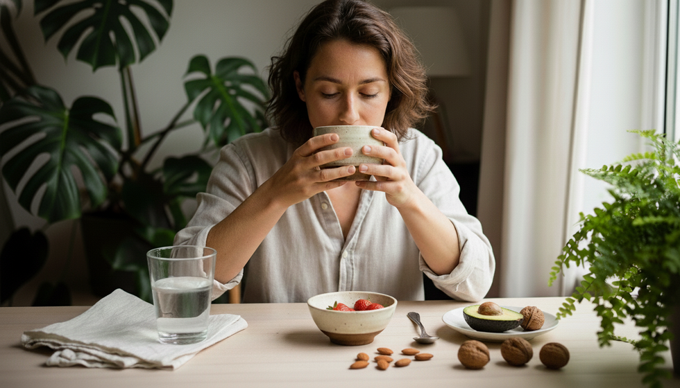 Une femme prend un petit déjeuner équilibré avec des ingrédients naturels comme le matcha pour diminuer sa glycémie