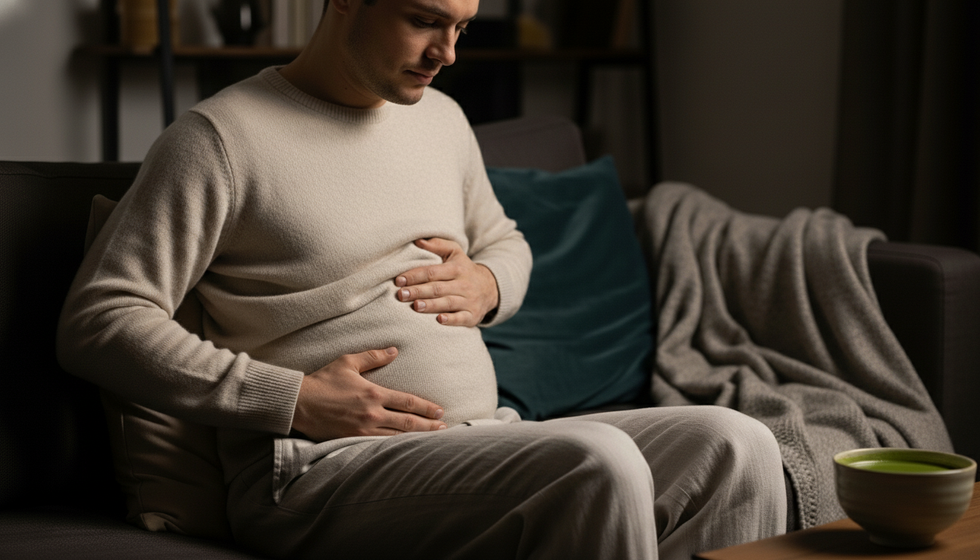 Une personne prenant un remède naturel contre le ventre gonflé et les ballonnements, un thé matcha